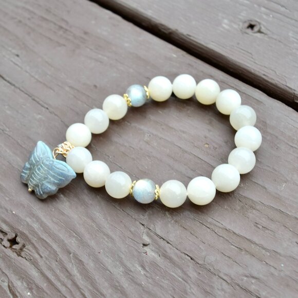 Jewelry - 【SOLD】10 mm White Moonlight Bracelet - Labradorite Butterfly Charm